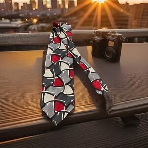 VINTAGE SILK ZIGGURAT NECK TIE BY MULBERRY NECK WEAR USA 3.75x‎ 63" Gray & Red